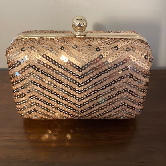 white house black market sequin gold Box bag clutch strap chevron hinge formal